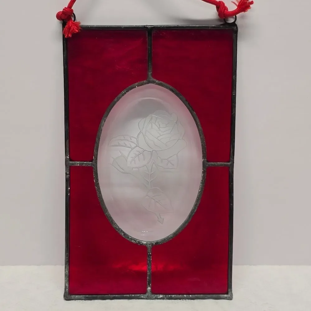 Vintage MCM Stained Glass Red And Clear Rose Suncatcher Window Panel